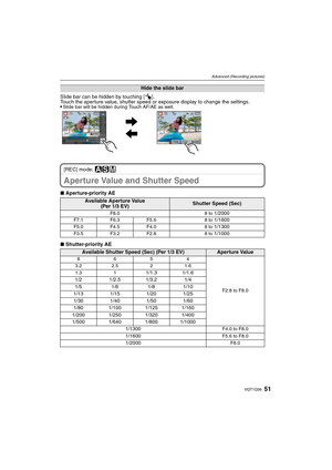 Page 5151VQT1Q36
Advanced (Recording pictures)
Slide bar can be hidden by touching [ ].
Touch the aperture value, shutter speed or exposure display to change the settings.

Slide bar will be hidden during Touch AF/AE as well.
[REC] mode: ±´²
Aperture Value and Shutter Speed
∫Aperture-priority AE
∫Shutter-priority AE
Hide the slide bar
Available Aperture Value
(Per 1/3 EV)Shutter Speed (Sec)
F8.0 8 to 1/2000
F7.1 F6.3 F5.6 8 to 1/1600
F5.0 F4.5 F4.0 8 to 1/1300
F3.5 F3.2 F2.8 8 to 1/1000
Available Shutter Speed...