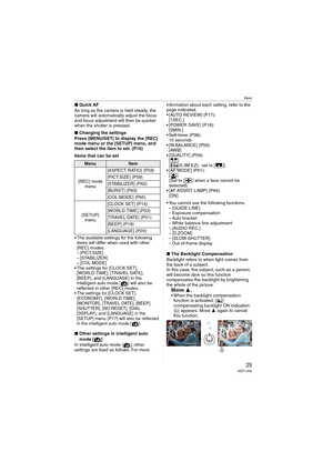 Page 25Basic
25VQT1J59
∫Quick AF
As long as the camera is held steady, the 
camera will automatically adjust the focus 
and focus adjustment will then be quicker 
when the shutter is pressed.
∫Changing the settings
Press [MENU/SET] to display the [REC] 
mode menu or the [SETUP] menu, and 
then select the item to set. (P16)
Items that can be set
 The available settings for the following 
items will differ when used with other 
[REC] modes.
– [PICT.SIZE]
– [STABILIZER]
– [COL.MODE]
 The settings for [CLOCK SET],...