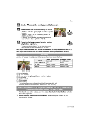 Page 3333VQT1Y62
Basic
∫To adjust the exposure and take pictures at times when the image appears too dark (P53)
∫To adjust the colors and take pictures at times when the image appears too red (P76)
Aim the AF area at the subject, and then press the shutter button halfway.
AFocus indication
B AF area (normal)
C AF area (when using the digital zoom or when it is dark)
D Focus range
E Aperture value
¢
FShutter speed¢
GISO sensitivity
¢ If correct exposure cannot be achieved, it will be displayed in red. 
(However,...