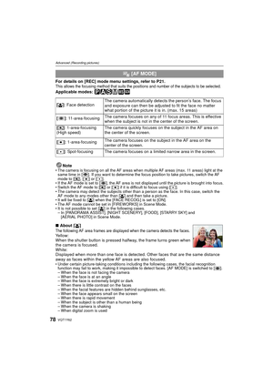 Page 78VQT1Y6278
Advanced (Recording pictures)
For details on [REC] mode menu settings, refer to P21.This allows the focusing method that suits the positions and number of the subjects to be selected.
Applicable modes: ³±´² ¿
Note• The camera is focusing on all the AF areas when multiple AF areas (max. 11 areas) light at the same time in [ ]. If you want to determine the  focus position to take pictures, switch the AF 
mode to [ ƒ], [Ø ] or [ Ù].
• If the AF mode is set to [ ], the AF area is not displayed...