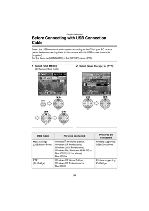 Page 94Playback (advanced)
94
Before Connecting with USB Connection 
Cable
Select the USB communication system according to the OS of your PC or your 
printer before connecting them to the camera with the USB connection cable 
(supplied).
Set the items on [USB MODE] in the [SETUP] menu. (P25)
1Select [USB MODE].
(In the recording mode)2Select [Mass Storage] or [PTP].
RECSETUP3/3
LANGUENGUSB MODE
EXITSET SELECTMENU
MENU
SETREVIEW
WB
SETREVIEW
WB
SETREVIEW
WB
USB
SETREVIEW
WB
SETREVIEW
WB
SETSELECT
Mass...