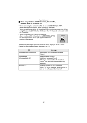 Page 95
Playback (advanced)
95
ªWhen using Windows 2000 Professional, Windows Me, 
Windows 98/98 SE or Mac OS 9.x
• When connecting the camera to a PC, do not set [USB MODE] to [PTP]. (When the camera is shipped, [Mass Storage] is selected.)
 When using Windows 98/98 SE, install the USB driver before connecting. (When 
using Windows Me/2000/XP, Mac OS 9.x and Mac OS X, you do not have to install 
the USB driver.)
 When connecting to a PC which includes the 
above-mentioned OS with setting the [USB MODE] to...