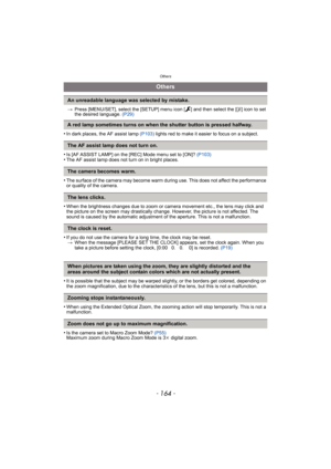 Page 164Others
- 164 -
>Press [MENU/SET], select the [SETUP] menu icon [ ] and then select the [ ~] icon to set 
the desired language.  (P29)
•In dark places, the AF assist lamp  (P103) lights red to make it easier to focus on a subject.
•Is [AF ASSIST LAMP] on the [REC] Mode menu set to [ON]?  (P103)•The AF assist lamp does not turn on in bright places.
•The surface of the camera may become warm during use. This does not affect the performance 
or quality of the camera.
•When the brightness changes due to zoom...