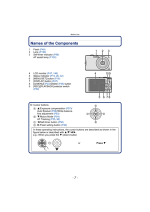 Page 7- 7 -
Before Use
Names of the Components
1Flash (P49)
2 Lens  (P150)
3 Self-timer indicator  (P56)
AF assist lamp  (P103)
4 LCD monitor  (P47, 146)
5 Status indicator  (P15, 26 , 32)
6 [MENU/SET] button  (P18)
7 [DISPLAY] button  (P47)
8 [Q.MENU]  (P23)/Delete  (P45) button
9 [REC]/[PLAYBACK] selector switch  (P20)
10 Cursor buttons A:3/Exposure compensation  (P57)/
Auto Bracket  (P58)/White balance 
fine adjustment  (P93)
B :4/Macro Mode  (P54)
AF Tracking  (P35, 96)
C :2/Self-timer button  (P56)
D...