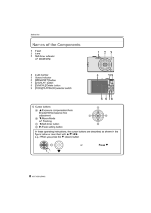 Page 8VQT2G31 (ENG)8
Before Use
Names of the Components
1Flash
2 Lens
3 Self-timer indicator
AF assist lamp
4 LCD monitor
5 Status indicator
6 [MENU/SET] button
7 [DISPLAY] button
8 [Q.MENU]/Delete button
9 [REC]/[PLAYBACK] selector switch
10 Cursor buttons
A:3/Exposure compensation/Auto 
Bracket/White balance fine 
adjustment
B:4/Macro Mode
AF Tracking
C:2/Self-timer button
D:1/Flash setting button
In these operating instructions, the cursor buttons are described as shown in the 
figure below or described...