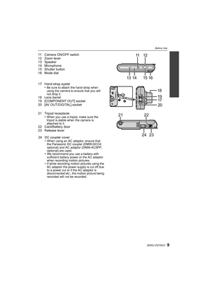 Page 99(ENG) VQT2G31
Before Use
11 Camera ON/OFF switch
12 Zoom lever
13 Speaker
14 Microphone
15 Shutter button
16 Mode dial
17 Hand strap eyelet
•
Be sure to attach the hand strap when 
using the camera to ensure that you will 
not drop it.
18 Lens barrel
19 [COMPONENT OUT] socket
20 [AV OUT/DIGITAL] socket
21 Tripod receptacle
•
When you use a tripod, make sure the 
tripod is stable when the camera is 
attached to it.
22 Card/Battery door
23 Release lever
24 DC coupler cover
•
When using an AC adaptor,...