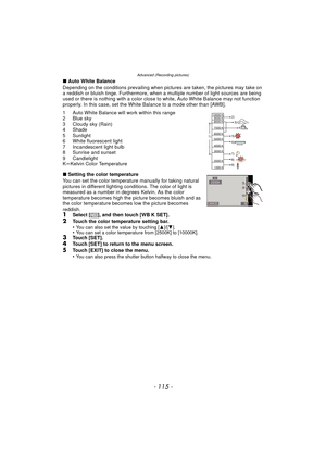 Page 115- 115 -
Advanced (Recording pictures)
∫Auto White Balance
Depending on the conditions prevailing when pictures  are taken, the pictures may take on 
a reddish or bluish tinge. Furthermore, when a multiple number of light sources are being 
used or there is nothing with a color close to white, Auto White Balance may not function 
properly. In this case, set the White Balance to a mode other than [AWB].
1 Auto White Balance will work within this range
2 Blue sky
3 Cloudy sky (Rain)
4 Shade
5 Sunlight
6...