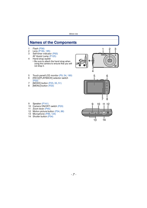Page 7- 7 -
Before Use
Names of the Components
1Flash (P56)
2 Lens  (P184, 185)
3 Self-timer indicator  (P63)
AF Assist Lamp  (P125)
4 Hand strap eyelet •
Be sure to attach the hand strap when 
using the camera to ensure that you will 
not drop it.
5 Touch panel/LCD monitor  (P9, 54,  180)
6 [REC]/[PLAYBACK] selector switch  (P22)
7 [MODE] button  (P23, 33,  51)
8 [MENU] button  (P23)
9 Speaker  (P141)
10 Camera ON/OFF switch  (P20)
11 Zoom lever  (P45)
12 Motion picture button  (P34, 88)
13 Microphone  (P89,...