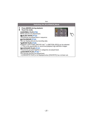 Page 51- 51 -
Basic
Switching the [PLAYBACK] Mode
1
Press [MODE] during playback.2Touch the mode. [NORMAL PLAY] (P48)
All the pictures are played back.
[SLIDE SHOW]  (P122)
The pictures are played back in sequence.
[CALENDAR]  (P125)
You can display pictures by recording date.
[MODE PLAY]  (P126)
Playback in [PICTURE], [AVCHD Lite]
¢ 1 or [MOTION JPEG] can be selected.
¢1 This is the specification to re cord and playback high definition images.
[CATEGORY PLAY]  (P127)
The pictures grouped together in categories...