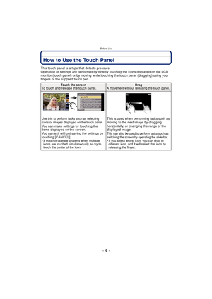 Page 9- 9 -
Before Use
How to Use the Touch Panel
This touch panel is a type that detects pressure.
Operation or settings are performed by directly touching the icons displayed on the LCD 
monitor (touch panel) or by moving while touching the touch panel (dragging) using your 
fingers or the supplied touch pen.
Touch the screenTo touch and release the touch panel.DragA movement without releasing the touch panel.
Use this to perform tasks such as selecting 
icons or images displayed on the touch panel.
You can...