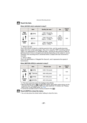 Page 89- 89 -
Advanced (Recording pictures)
To u c h  t h e  i t e m .
When [AVCHD Lite] is selected in step 2
¢1What is bit rate
This is the volume of data for a definite period of time, and the quality becomes 
higher when the number gets bigger. This unit is using the “VBR” recording method. 
“VBR” is an abbreviation of “Variable Bit Rate”, and the bit rate (volume of data for 
definite period of time) is changed automatically depending on the subject to record. 
Therefore, the recording time is shortened...
