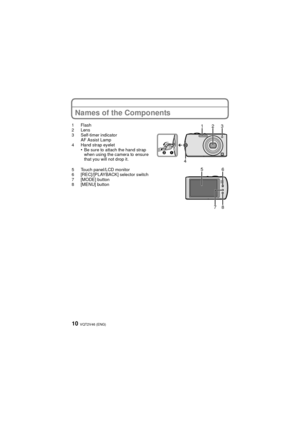Page 10VQT2V46 (ENG)10
Names of the Components
1Flash
2 Lens
3 Self-timer indicatorAF Assist Lamp
4 Hand strap eyelet
•Be sure to attach the hand strap 
when using the camera to ensure 
that you will not drop it.
5 Touch panel/LCD monitor
6 [REC]/[PLAYBACK] selector switch
7 [MODE] button
8 [MENU] button
123

4
78
65
DMC-FX70&FX75P-VQT2V46_eng.book  10 ページ  ２０１０年６月７日　月曜日　午後９時４５分 
