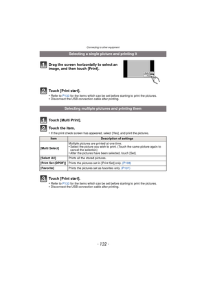 Page 132Connecting to other equipment
- 132 -
Selecting a single picture and printing it
Drag the screen horizontally to select an 
image, and then touch [Print].
Touch [Print start].
•Refer to  P133 for the items which can be set before starting to print the pictures.•Disconnect the USB connecti on cable after printing.
Selecting multiple pictures and printing them
Touch [Multi Print].
To u c h  t h e  i t e m .
•If the print check screen has appeared, select [Yes], and print the pictures.
ItemDescription of...