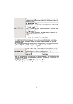 Page 39- 39 -
Basic
•High Angle Mode is also canceled if you turn the camera off or [Sleep Mode] is activated.•The brightness of the pictures displayed on the LCD monitor is increased so some subjects 
may appear different from real life on the LCD monitor. However, this does not affect the 
recorded pictures.
•The LCD monitor automatically returns to normal brightness after 30 seconds when recording 
in Power LCD Mode. It will light up brightly again by button or touch operation.
•The number of recordable...