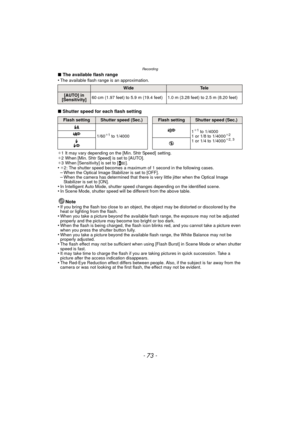 Page 73- 73 -
Recording
∫The available flash range
•The available flash range is an approximation.
∫ Shutter speed for each flash setting
¢1 It may vary depending on the [Min. Shtr Speed]  setting.
¢ 2 When [Min. Shtr Speed] is set to [AUTO].
¢ 3 When [Sensitivity] is set to [ ].
•¢2: The shutter speed becomes a maximum of 1 second in the following cases.–When the Optical Image Stabilizer is set to [OFF].–When the camera has determined that there is very little jitter when the Optical Image 
Stabilizer is set...