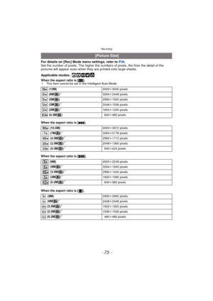 Page 75- 75 -
Recording
For details on [Rec] Mode menu settings, refer to P36.
Set the number of pixels. The higher the nu mbers of pixels, the finer the detail of the 
pictures will appear even when they  are printed onto large sheets.
Applicable modes:
 ñ·¿
When the aspect ratio is [ X].
¢ This item cannot be set in the Intelligent Auto Mode.
When the aspect ratio is [ Y].
When the aspect ratio is [ W].
When the aspect ratio is [ ].
 [Picture Size]
 (12M) 4000k3000 pixels
 (8M )¢3264k 2448 pixels
 (5M )...