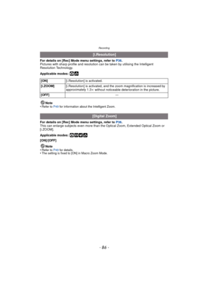 Page 86Recording
- 86 -
For details on [Rec] Mode menu settings, refer to P36.
Pictures with sharp profile and resolution can be taken by utilising the Intelligent 
Resolution Technology.
Applicable modes: 
·
Note
•Refer to P49  for information about the Intelligent Zoom.
For details on [Rec] Mode menu settings, refer to  P36.
This can enlarge subjects even more than the Optical Zoom, Extended Optical Zoom or 
[i.ZOOM].
Applicable modes: 
·¿
[ON]/[OFF]
Note
•
Refer to P49  for details.•The setting is fixed to...