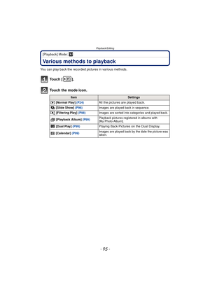 Page 95- 95 -
Playback/Editing
[Playback] Mode: ¸
Various methods to playback
You can play back the recorded pictures in various methods.
To u c h  [ ] .
Touch the mode icon.
ItemSettings
 [Normal Play] (P24)
All the pictures are played back.
 [Slide Show]  (P96) Images are played back in sequence.
 [Filtering Play]  (P98)Images are sorted into categories and played back.
  [Playback Album]  (P99)Playback pictures registered in albums with 
[My Photo Album].
  [Dual Play]  (P99)
Playing Back Pictures on the...