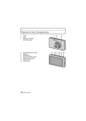 Page 10VQT3G16 (ENG)10
Names of the Components
1Flash
2Lens
3 Self-timer indicatorAF Assist Lamp
4 Touch panel/LCD monitor
5 Speaker
6 Microphone
7 Camera ON/OFF switch
8 Motion picture button
9 Shutter button
10 Zoom lever123
910
87654
DMC-FX77&78-VQT3G16_eng.book  10 ページ  ２０１０年１２月２３日　木曜日　午後６時５１分 