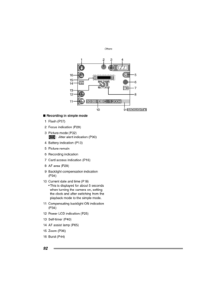 Page 92Others
92
∫Recording in simple mode
1 Flash (P37)
2 Focus indication (P28)
3 Picture mode (P32)
: Jitter alert indication (P30)
4 Battery indication (P13)
5 Picture remain
6 Recording indication
7 Card access indication (P16)
8 AF area (P28)
9 Backlight compensation indication 
(P34)
10 Current date and time (
P18)
 This is displayed for about 5 seconds 
when turning the camera on, setting 
the clock and after switching from the 
playback mode to the simple mode.
11 Compensating backlight ON indication...