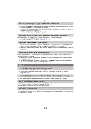 Page 169- 169 -
Others
>Confirm that the login information (login ID/user name/email address/password) is correct.
> Confirm that the PC is connected to the Internet.
> Confirm that resident software such as virus protection software or firewall is not blocking 
access to YouTube or Facebook.
> Confirm with YouTube or Facebook as well.
•Pictures cannot be printed using a printer that does not support PictBridge.
> Set to [PictBridge(PTP)] in [USB Mode].  (P48, 144)
> When using a printer with a Cropping or...