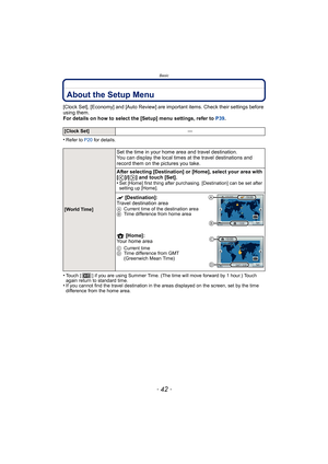 Page 42Basic
- 42 -
About the Setup Menu
[Clock Set], [Economy] and [Auto Review] are important items. Check their settings before 
using them.
For details on how to select the [Setup] menu settings, refer to  P39.
•
Refer to P20  for details.
•Touch [ ] if you are using Summer Time. (The time will move forward by 1 hour.) Touch 
again return to standard time.
•If you cannot find the travel destination in the areas displayed on the screen, set by the time 
difference from the home area.
[Clock Set] —
[World...