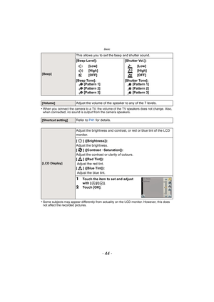 Page 44Basic
- 44 -
•When you connect the camera to a TV, the volume of the TV speakers does not change. Also, 
when connected, no sound is output from the camera speakers.
•Some subjects may appear differently from actuality on the LCD monitor. However, this does 
not affect the recorded pictures.
[Beep]
This allows you to set the beep and shutter sound.
[Beep Level]: [Shutter Vol.]:t
u
s [Low]
[High]
[OFF] [Low]
[High]
[OFF]
[Beep Tone]:  [Pattern 1]
 [Pattern 2]
 [Pattern 3] [Shutter Tone]:
 [Pattern 1]...