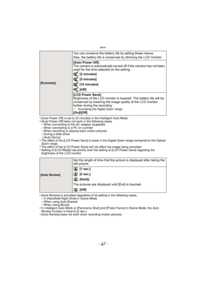 Page 47- 47 -
Basic
•[Auto Power Off]  is set to  [5 minutes]  in the Intelligent Auto Mode.•[Auto Power Off] does not work in the following cases.–When connecting to the AC adaptor (supplied)–When connecting to a PC or a printer–When recording or playing back motion pictures–During a slide show–[Auto Demo]•The effect of the [LCD Power Save] is lower in the Digital Zoom range compared to the Optical 
Zoom range.
•The effect of the [LCD Power Save] will not affect the image being recorded.•Setting of [LCD Mode]...