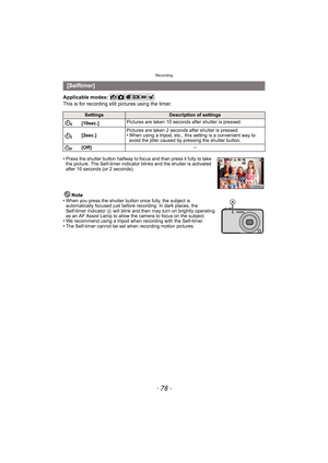 Page 78Recording
- 78 -
Applicable modes: 
This is for recording still pictures using the timer.
•
Press the shutter button halfway to focus and then press it fully to take 
the picture. The Self-timer indicator blinks and the shutter is activated 
after 10 seconds (or 2 seconds).
Note
•When you press the shutter button once fully, the subject is 
automatically focused just before recording. In dark places, the 
Self-timer indicator  A will blink and then may turn on brightly operating 
as an AF Assist Lamp to...