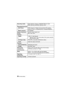 Page 18VQT4A34 (ENG)18
Recording mediaBuilt-in Memory (Approx. 60 MB)/SD Memory Card/
SDHC Memory Card/SDXC Memory Card
Recording file format
Still PictureJPEG (based on “Design rule for Camera File system”, 
based on “Exif 2.3” standard)/DPOF corresponding/MPO
Motion picturesAVCHD/MP4
Audio compression 
formatAVCHD: Dolby Digital (2ch)
MP4: AAC (2ch)
Interface
Digital“USB 2.0” (High Speed)
¢Data from the PC can not be written to the camera using the 
USB connection cable.
Analogue videoNTSC/PAL Composite...