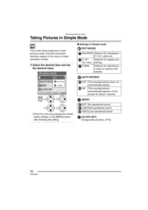 Page 32Recording pictures (basic)
32VQT0R26
Taking Pictures in Simple Mode
This mode allows beginners to take 
pictures easily. Only the most basic 
functions appear in the menu to make 
operations simple.
1Select the desired item and set 
the desired value.
 Close the menu by pressing the shutter 
button halfway or the [MENU] button 
after finishing the setting.
∫Settings in Simple mode
[PICT.MODE]
[AUTO REVIEW]
[BEEP]
[CLOCK SET]
Change date and time. (P19)
SIMPLE MODE
AUTO REVIEW
BEEP
CLOCK SET...