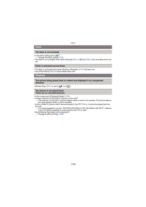Page 176Others
- 176 -
•Is the flash setting set to [Œ]?
> Change the flash setting.  (P73)
•The flash is not available when [Auto Bracket]  (P87) or [Burst]  (P90) in the recording menu are 
set.
•The flash is activated twice when Red-Eye Reduction  (P73) has been set.•Has [Flash Burst]  (P63) in Scene Mode been set?
•[Rotate Disp.]  (P47) is set to [ ] or [ ].
•Is the mode set to [Playback] Mode?  (P30)•Is there a picture on the built-in memory or the card?
> The pictures on the built-in memory appear when a...