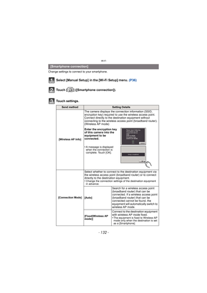 Page 132Wi-Fi
- 132 -
Change settings to connect to your smartphone.
Select [Manual Setup] in the [Wi-Fi Setup] menu. (P36)
Touch [ ] ([Smartphone connection]).
Touch settings.
[Smartphone connection]
Send methodSetting Details 
[Wireless AP Info]
The camera displays the connection information (SSID, 
encryption key) required to use the wireless access point. 
Connect directly to the destination equipment without 
connecting to the wireless access point (broadband router). 
(Wireless AP mode)
Enter the...