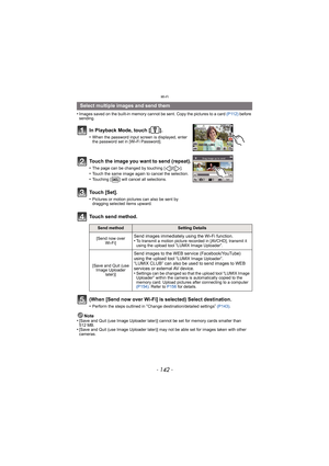 Page 142Wi-Fi
- 142 -
•Images saved on the built-in memory cannot be sent. Copy the pictures to a card (P112) before 
sending.
(When [Send now over Wi-Fi] is selected) Select destination.
•Perform the steps outlined in “Change destination/detailed settings”  (P143) .
Note
•[Save and Quit (use Image Uploader later)] cannot be set for memory cards smaller than 
512 MB.
•[Save and Quit (use Image Uploader later)] may not be able set for images taken with other 
cameras.
Select multiple images and send them
In...