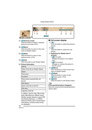 Page 12Using Simple Viewer
12VQT0U19
11. [ Send by e-mail]
Click this button to attach a selected 
picture to an e-mail. (P16)
12. [ Menu]
Click this button to return to the main 
menu of Simple Viewer.
13. [ Back]
Click this button to return to the 
previous menu. (P10)
14. [ Exit]
Click this button to exit Simple Viewer.
15. Picture information
In addition, [picture size], [Recording 
date], [Manufacturer], [Model name], 
[Shutter speed], [Aperture value], [ISO 
sensitivity], [Exposure +/-], [White 
balance],...