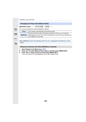 Page 2089. Stabilizer, Zoom and Flash
208
Applicable modes: 
You can set a flash type at [Firing Mode] in [Flash].
•
When [MANUAL] is set, the luminosity ratio ([1/1], etc.) is displayed on the flash icon on the 
screen.
1Select [Flash] in the [Rec] menu.  (P37)2Press 3/4  to select [Manual Flash Adjust.] and then press [MENU/SET].
3Press  2/1  to select an item and then press [MENU/SET].
•You can set from [1/1] (full brightness) to [1/128] in steps of [1/3].
Changing the firing mode (Manual flash)
[TTL] The...