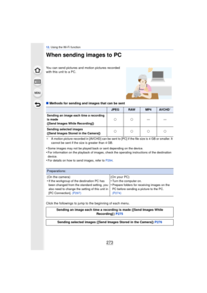 Page 273273
12. Using the Wi-Fi function
When sending images to PC
∫Methods for sending and images that can be sent
¢ A motion picture recorded in [AVCHD] can be sent to [PC] if the file size is 4 GB or smaller. It 
cannot be sent if the size is greater than 4 GB.
•Some images may not be played back or sent depending on the device.•For information on the playback of images, check the operating instructions of the destination 
device.
•For details on how to send images, refer to  P294.
Click the followings to...