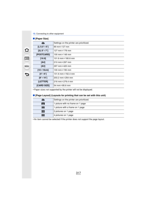 Page 317317
13. Connecting to other equipment
∫[Paper Size]
•
Paper sizes not supported by the printer will not be displayed.
∫ [Page Layout] (Layouts for printing that can be set with this unit)
•
An item cannot be selected if the printer does not support the page layout.
{ Settings on the printer are prioritized.
[L/3.5qk5q]89 mmk127 mm
[2L/5 qk7q] 127 mm k178 mm
[POSTCARD] 100 mmk148 mm
[16:9] 101.6 mmk180.6 mm
[A4] 210 mmk297 mm
[A3] 297 mmk420 mm
[10 k15cm] 100 mmk150 mm
[4 qk 6q] 101.6 mm k152.4 mm
[8 qk10...
