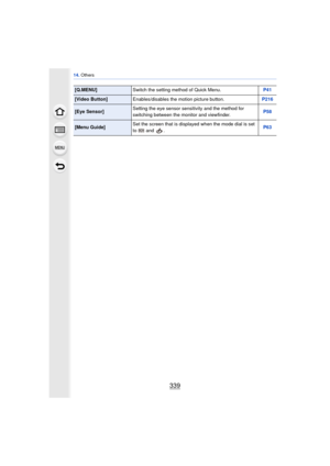 Page 339339
14. Others
[Q.MENU] Switch the setting method of Quick Menu. P41
[Video Button]Enables/disables the motion picture button. P216
[Eye Sensor]Setting the eye sensor sensitivity and the method for 
switching between the monitor and viewfinder. P58
[Menu Guide]Set the screen that is displayed when the mode dial is set 
to  and  .
P63 