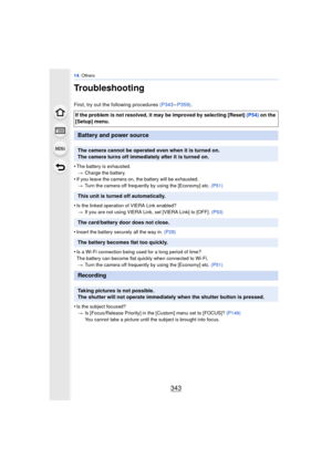 Page 343343
14. Others
Troubleshooting
First, try out the following procedures (P343 –P359) .
•
The battery is exhausted. > Charge the battery.
•If you leave the camera on, the battery will be exhausted.
> Turn the camera off frequently by using the [Economy] etc.  (P51)
•Is the linked operation of VIERA Link enabled?
> If you are not using VIERA Link, set [VIERA Link] to [OFF].  (P53)
•Insert the battery securely all the way in. (P28)
•Is a Wi-Fi connection being used for a long period of time?
The battery can...