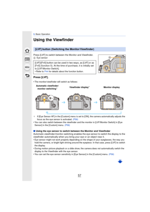 Page 5757
3. Basic Operation
Using the Viewfinder
Press [LVF] to switch between the Monitor and Viewfinder.A Eye sensor
Press [LVF].
•The monitor/viewfinder will switch as follows:
¢ If [Eye Sensor AF] in the [Custom] menu is set to [ON], the camera automatically adjusts the 
focus as the eye sensor is activated.  (P58)
•You can also switch between the viewfinder and the monitor in [LVF/Monitor Switch] in [Eye 
Sensor] in the [Custom] menu. (P58)
∫Using the eye sensor to switch between the Monitor and...