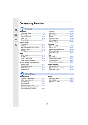 Page 1010
Contents by Function
RecordingRecording Mode .............................. P62
[Preview].......................................... P91
Macro recording ............................ P155
[Multi Exp.]..................................... P184
[Silent Mode] ................................. P186
Focus (AF/MF) Focus Mode ................................... P139
AF Mode ........................................ P140
Adjusting the AF area position ...... P145
Manual Focus ...................................