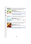 Page 115115
4. Recording Modes
This effect blurs the overall image to produce a soft feel.
This effect creates a fantastical image in a pale color tone.
This effect transforms pin-points of light into a star effect.
[Soft Focus]
Items that can be set
(Press 1 to display the setting screen.)
Extent of defocus Weak defocus Strong defocus
•Display of the recording screen will be delayed more than usual and 
the screen will look as if frames are dropping.
[Fantasy]
Items that can be set
(Press 1 to display the...