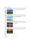 Page 9797
4. Recording Modes
[Distinct Scenery]
Saturation of sky and trees creates more distinct scenery.
[Bright Blue Sky]On a sunny day, the overall screen brightness is increased to 
create a vibrant image of the blue sky.
[Romantic Sunset Glow]
The enhanced purple tone creates a romantic image of the 
sky just after sunset.
[Vivid Sunset Glow]Red is enhanced to create a vivid image of the sunset. 