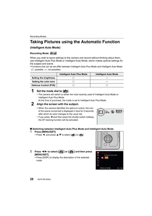 Page 2828
Recording Modes
SQT0196 (ENG) 
Taking Pictures using the Automatic Function 
(Intelligent Auto Mode)
Recording Mode: 
When you wish to leave settings to the camera and record without thinking about them, 
use Intelligent Auto Plus Mode or Intelligent Auto Mode, which  makes optimal settings for 
the subject and scene.
•
Functions that can be set differ between Intelligent Auto Plus  Mode and Intelligent Auto Mode.
( ± : possible,  —: not possible)
1Set the mode dial to  [ ¦].
•The camera will switch...