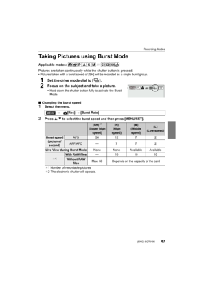 Page 4747
Recording Modes
 (ENG) SQT0196
Taking Pictures using Burst Mode
Applicable modes: 
Pictures are taken continuously while the shutter button is pressed.
•
Pictures taken with a burst speed of [SH] will be recorded as a  single burst group.
1Set the drive mode dial to [ ] .
2Focus on the subject and take a picture.
•Hold down the shutter button fully to activate the Burst 
Mode.
∫Changing the burst speed1Select the menu.
2Press  3/4 to select the burst speed and then press [MENU/SET].
>
[Rec] > [Burst...