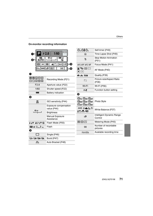 Page 7171
Others
 (ENG) SQT0196
On-monitor recording information
1
Recording Mode (P21)
F2.8Aperture value (P22)
1/60Shutter speed (P22)
Battery indication
2
ISO sensitivity (P44)
Exposure compensation 
value (P44)
Brightness
Manual Exposure 
Assistance
‰ŒFlash Mode (P55)
Flash
3
Single (P46)
Burst (P47)
Auto Bracket (P48)
F 2.8
98AW B
1/60
000
Fn
ISOAUTO
Wi-FiL3:2AFS
AFS



C1EXPS
EXPS
ISO200
00
WL
Self-timer (P49)
Time Lapse Shot (P49)
Stop Motion Animation 
(P51)
Focus Mode (P41)
š
ØAF Mode (P40)...