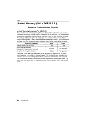 Page 9090
Others
SQT0196 (ENG) 
Limited Warranty (ONLY FOR U.S.A.)
Panasonic Products Limited Warranty
Limited Warranty Coverage (For USA Only) 
If your product does not work properly because of a defect in materials or workmanship, 
Panasonic Corporation of North America (referred to as “the war rantor”) will, for the length 
of the period indicated on the chart below, which starts with t he date of original purchase 
(“warranty period”), at its option either (a) repair your produ ct with new or refurbished...
