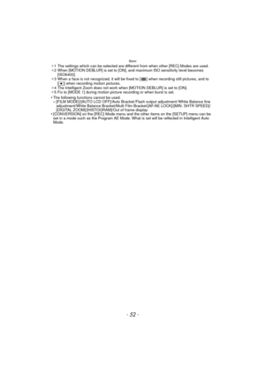 Page 52- 52 -
Basic
¢1 The settings which can be selected are different from when other [REC] Modes are used.
¢ 2 When [MOTION DEBLUR] is set to [ON], and maximum ISO sensitivity level becomes 
[ISO6400].
¢ 3 When a face is not recognized, it will be fix ed to [ ] when recording still pictures, and to 
[
Ø] when recording motion pictures.
¢ 4 The Intelligent Zoom does not work when [MOTION DEBLUR] is set to [ON].
¢ 5 Fix to [MODE 1] during motion picture recording or when burst is set.
•The following functions...