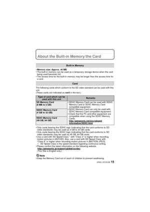 Page 1515(ENG) VQT2U38
About the Built-in Memory/the Card
•Memory size: Approx. 40 MB•The built-in memory can be used as a temporary storage device when the card 
being used becomes full.
•The access time for the built-in memory may be longer than the access time for 
a card.
The following cards which conform to the SD video standard can be used with this 
unit.
(These cards are indicated as  card in the text.)
•Only cards bearing the SDHC logo (indicating that the card conforms to SD 
video standards) may be...